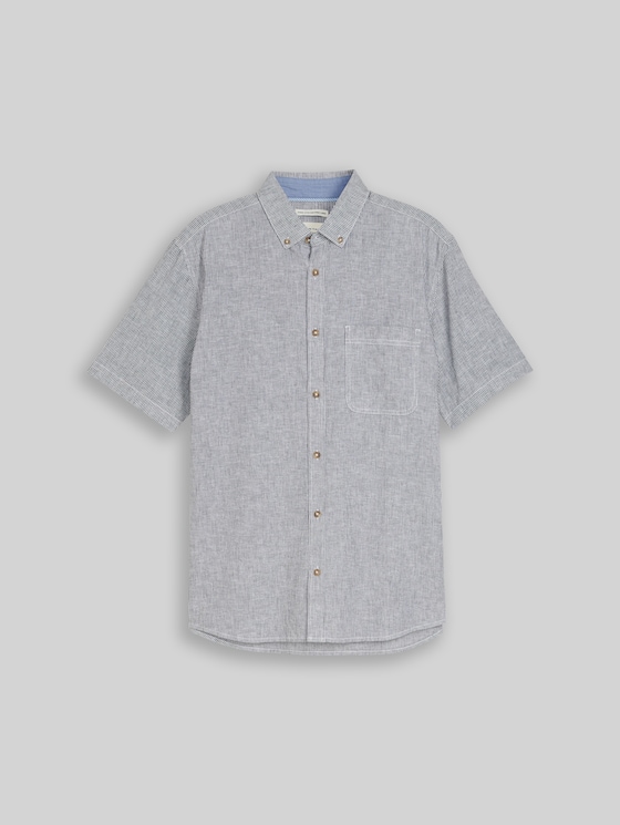 Regular fit short-sleeved shirt with linen blend - navy white small stripe
