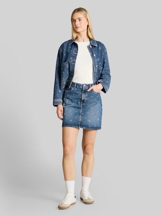 Mini denim skirt with heart print - mid blue laser hearts denim