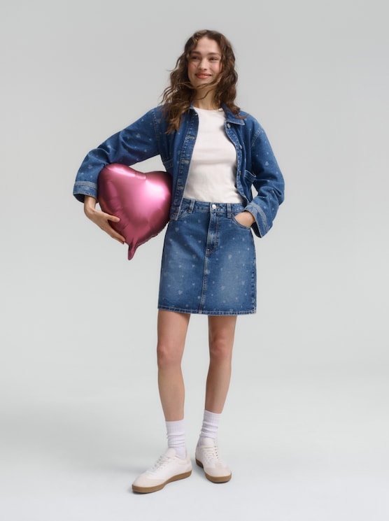 Mini denim skirt with heart print - mid blue laser hearts denim
