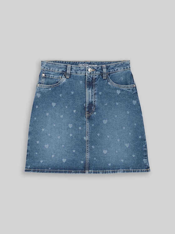 Mini denim skirt with heart print - mid blue laser hearts denim