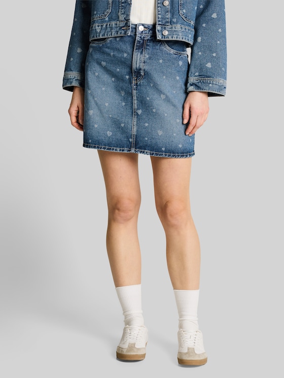 Mini denim skirt with heart print - mid blue laser hearts denim