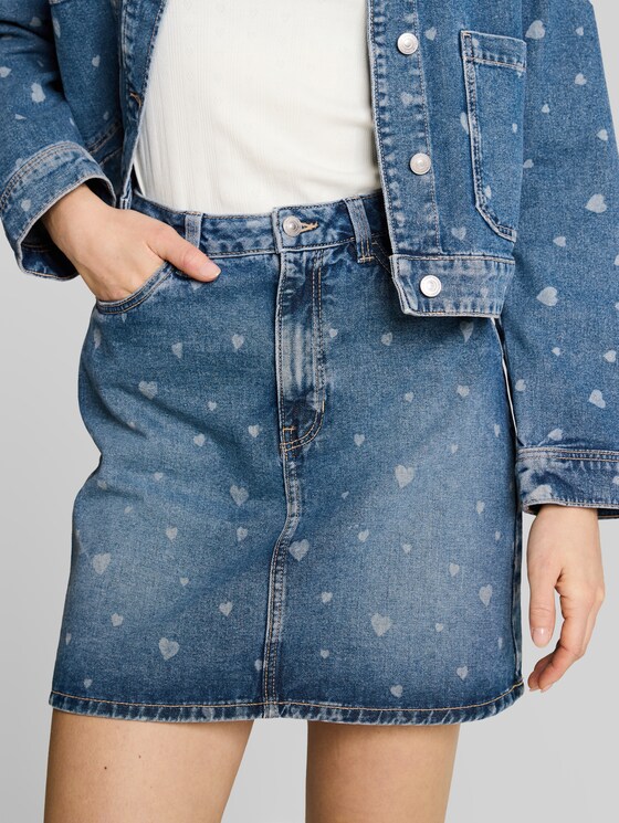 Mini denim skirt with heart print - mid blue laser hearts denim