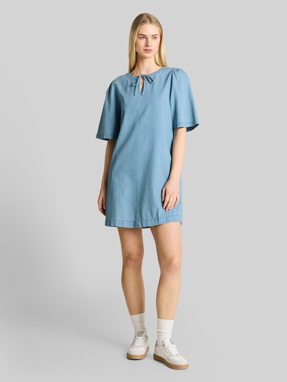 Mini denim dress with slit pockets - Clean Light Stone Blue Denim