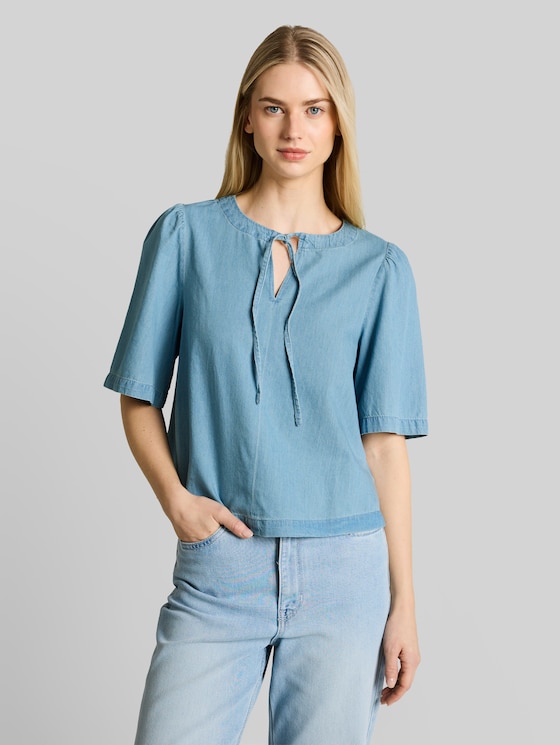 Denim blouse with bow detail - Clean Light Stone Blue Denim