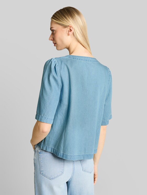 Denim blouse with bow detail - Clean Light Stone Blue Denim