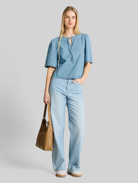 Denim blouse with bow detail - Clean Light Stone Blue Denim