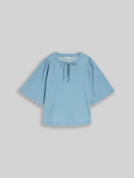 Denim blouse with bow detail - Clean Light Stone Blue Denim
