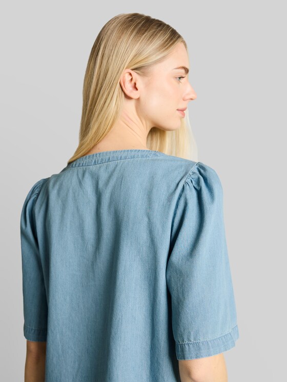 Denim blouse with bow detail - Clean Light Stone Blue Denim