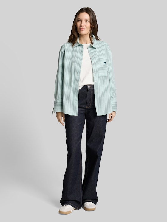 Oversized shirt blouse with heart embroidery - blue haze irregular stripe