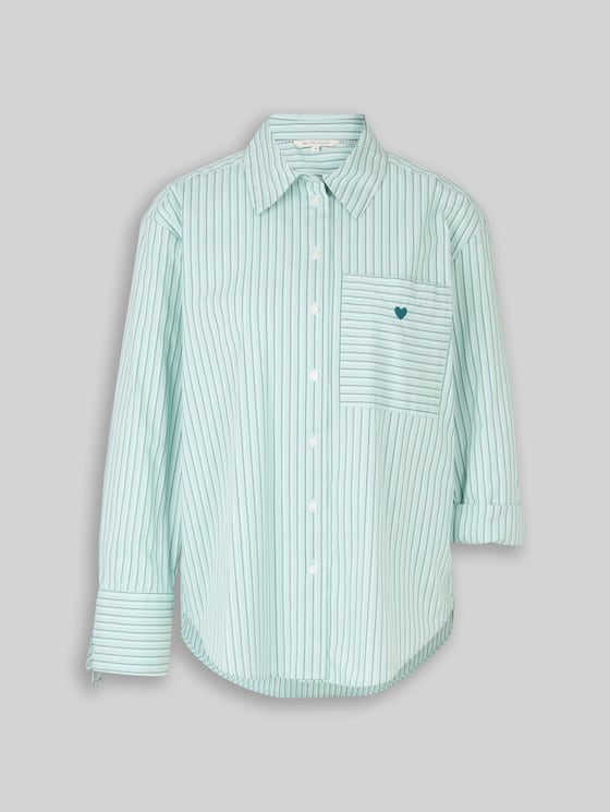 Oversized shirt blouse with heart embroidery - blue haze irregular stripe