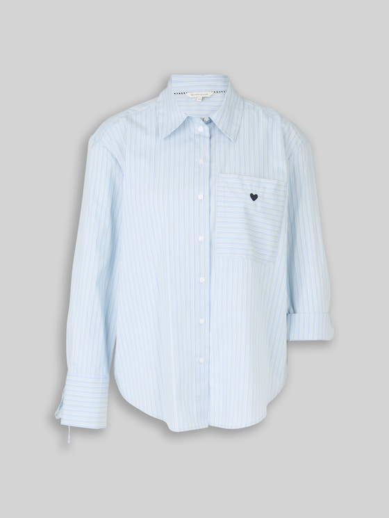 Oversized shirt blouse with heart embroidery - blue irregular stripe