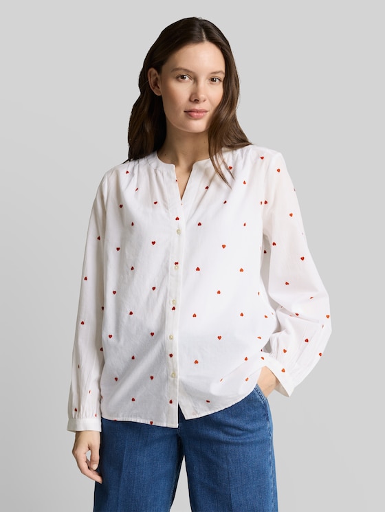 Blouse with heart embroidery - white red heart design