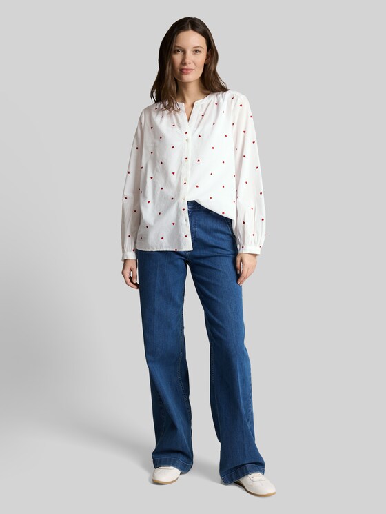 Blouse with heart embroidery - white red heart design