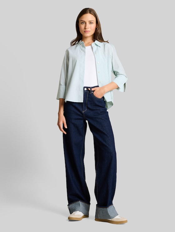 Poplin shirt blouse with 3/4 sleeves - blue haze white thin stripe