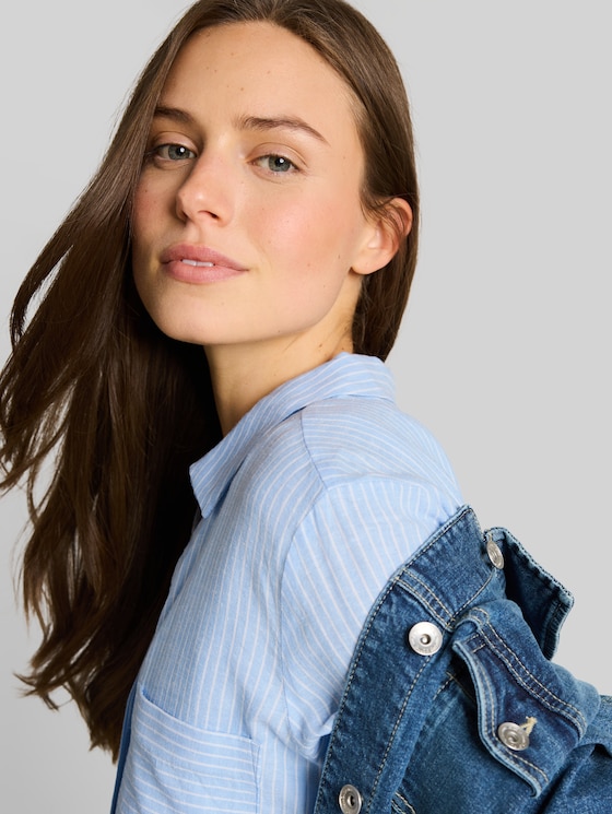 Shirt blouse with linen - fjord blue irregular stripe