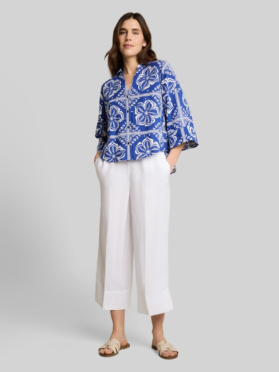 Oversized blouse with linen blend - blue flower tile design