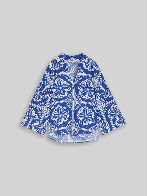 Oversized blouse with linen blend - blue flower tile design