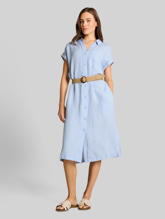 Loose fit midi dress with belt - fjord blue irregular stripe