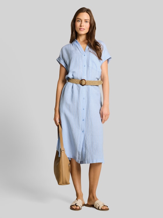 Loose fit midi dress with belt - fjord blue irregular stripe