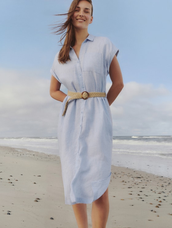 Loose fit midi dress with belt - fjord blue irregular stripe