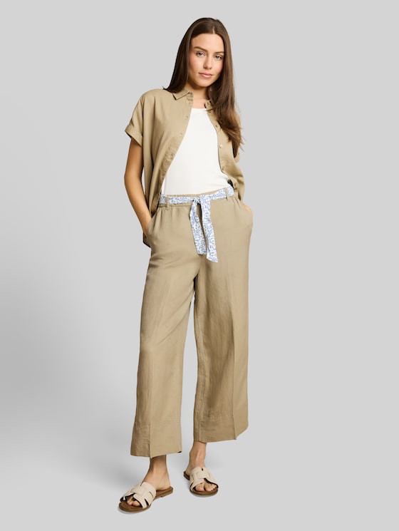 Culotte trousers with linen content - Silver Olive