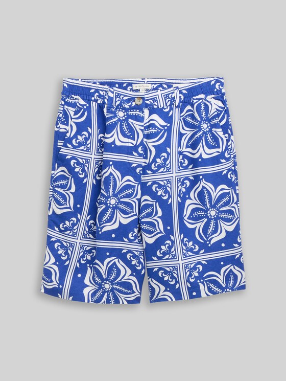 Loose-fit Bermuda shorts with linen blend - blue flower tile design