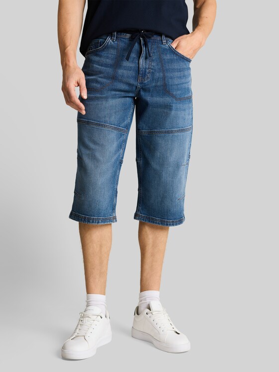 TTMORRIS RELAXED Over-the-knee denim shorts with stretch - mid stone bright blue denim