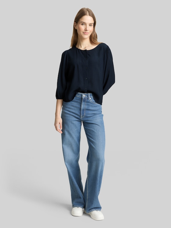 Crinkle blouse with button placket - sky captain blue