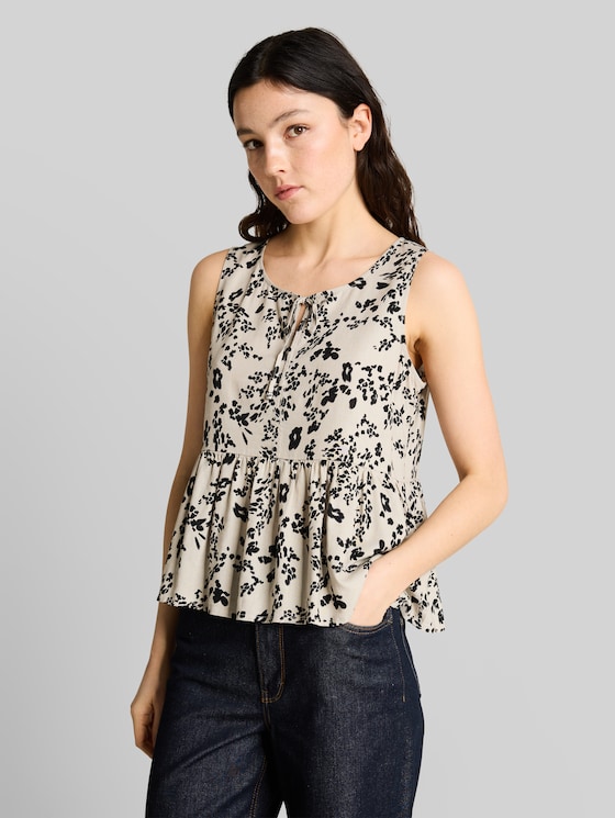 Blouse top with linen blend - beige black flower print
