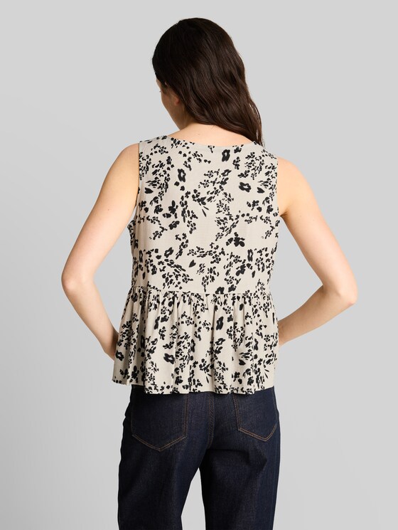 Blouse top with linen blend - beige black flower print