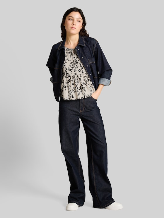 Blouse top with linen blend - beige black flower print