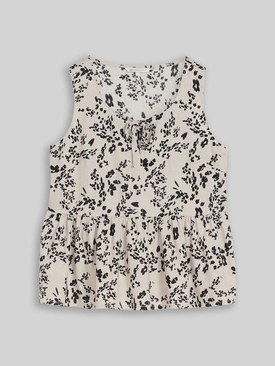Blouse top with linen blend - beige black flower print