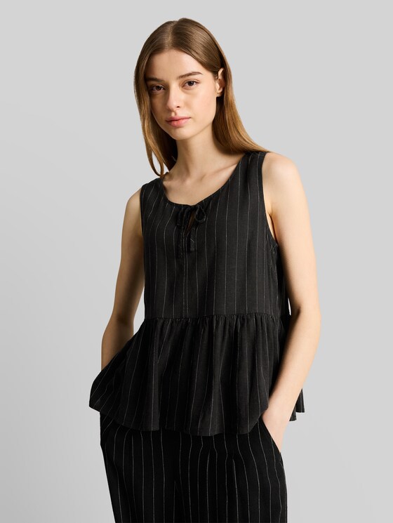 Blouse top with linen blend - black beige vertical stripe