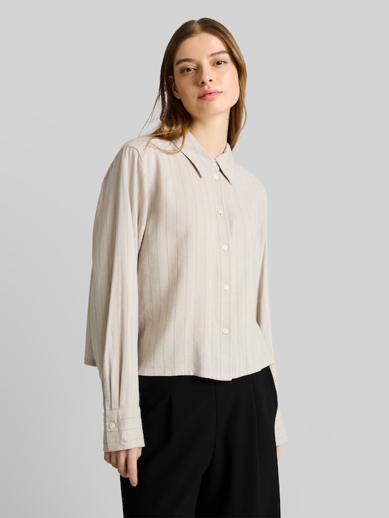 Boxy fit shirt blouse with bow detail - beige black vertical stripe