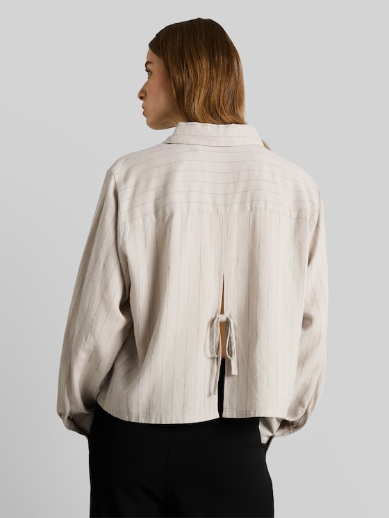Boxy fit shirt blouse with bow detail - beige black vertical stripe