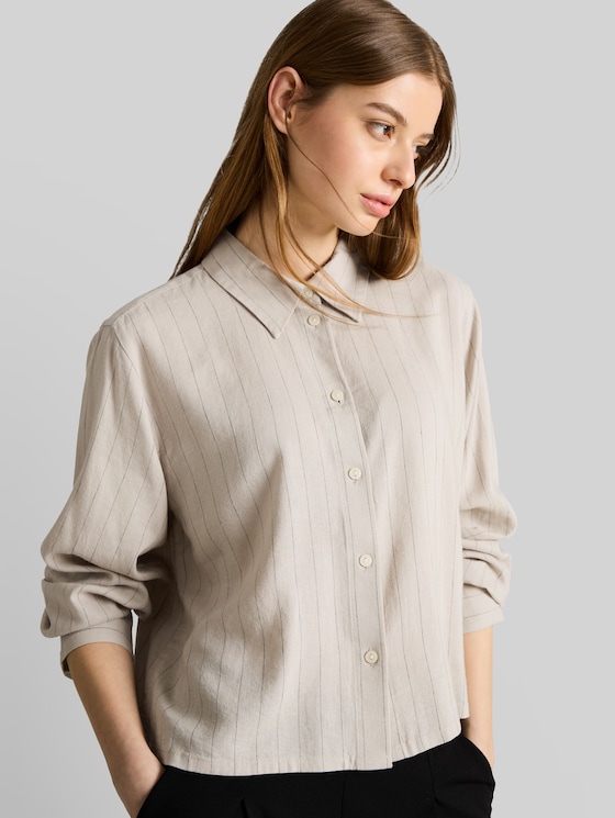 Boxy fit shirt blouse with bow detail - beige black vertical stripe