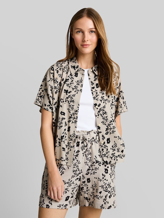 Boxy-fit blouse with linen blend - beige black flower print
