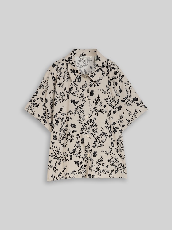 Boxy-fit blouse with linen blend - beige black flower print