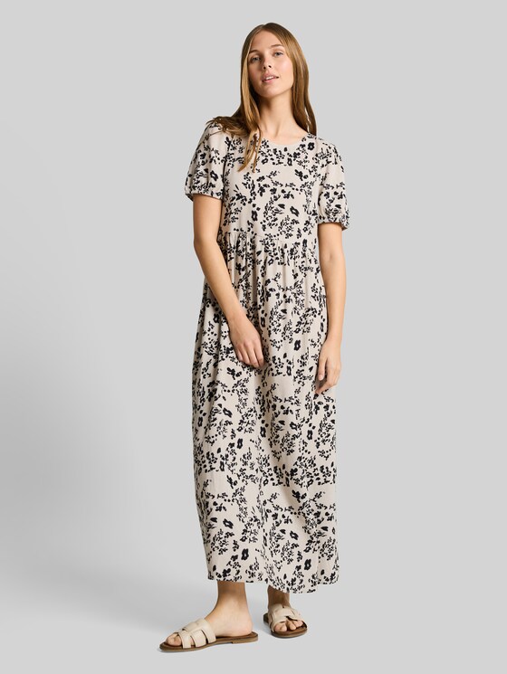 Midi dress with linen blend - beige black flower print