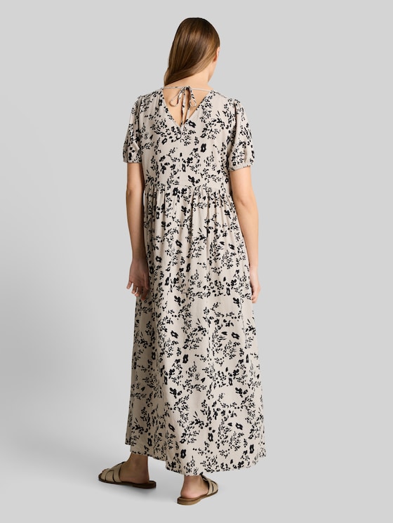 Midi dress with linen blend - beige black flower print
