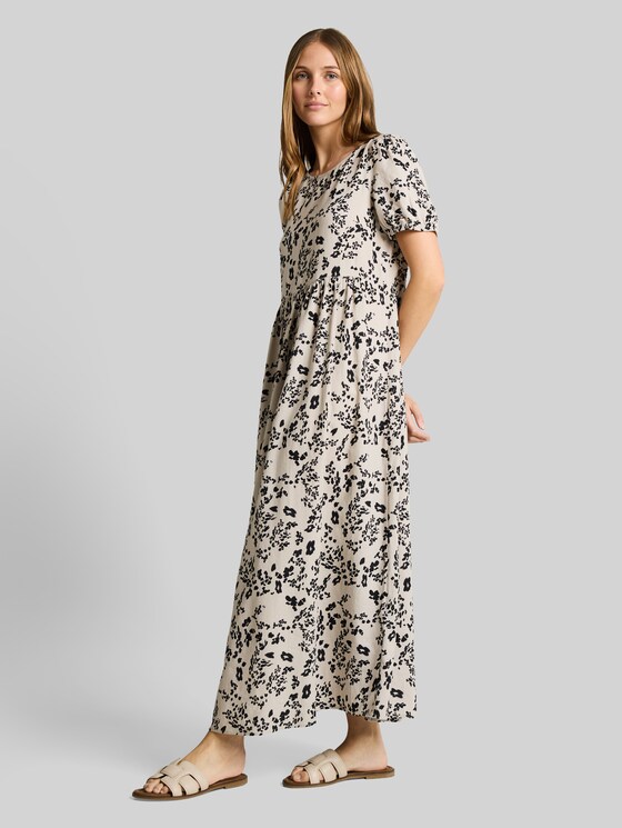 Midi dress with linen blend - beige black flower print