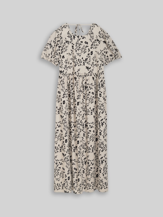 Midi dress with linen blend - beige black flower print