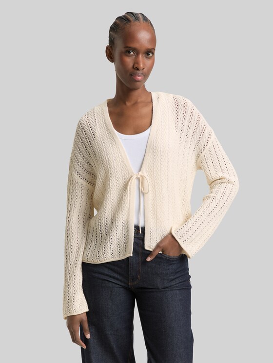 Relaxed-fit cardigan with lace pattern - Gardenia White