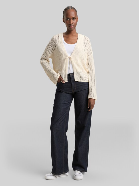 Relaxed-fit cardigan with lace pattern - Gardenia White