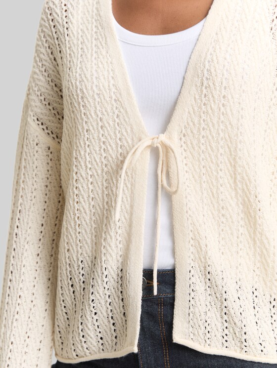 Relaxed-fit cardigan with lace pattern - Gardenia White