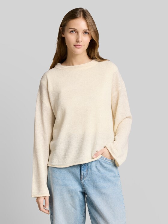 Relaxed fit knitted jumper with boat neck - Gardenia White