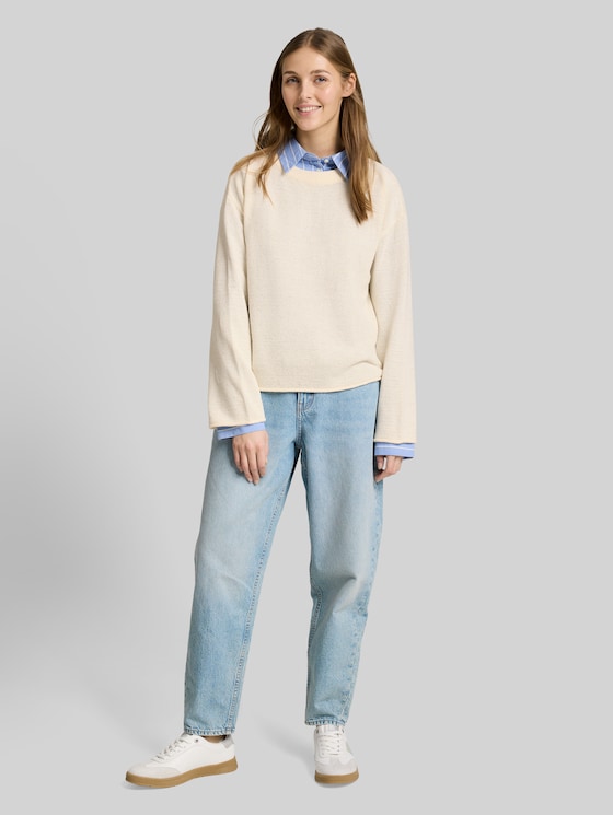 Relaxed fit knitted jumper with boat neck - Gardenia White