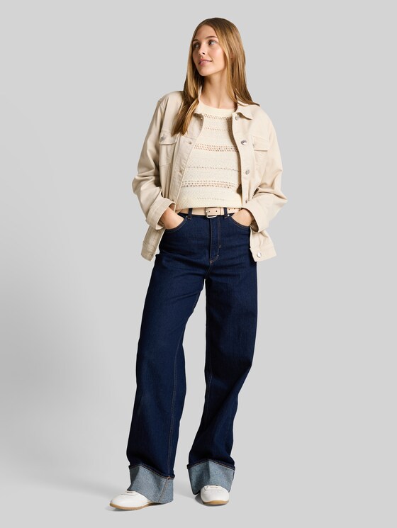 Relaxed fit knitted jumper with eyelet pattern - Gardenia White