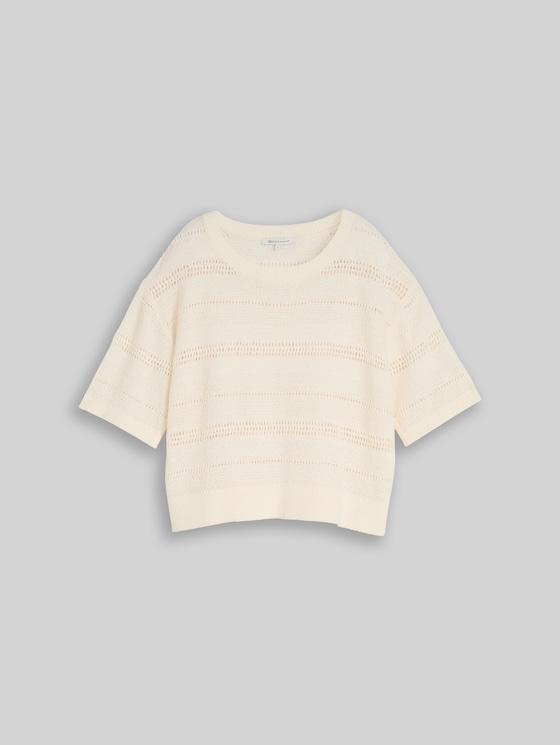 Relaxed fit knitted jumper with eyelet pattern - Gardenia White