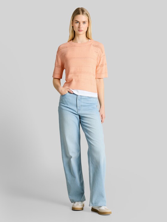 Relaxed fit knitted jumper with eyelet pattern - Orange Parfait